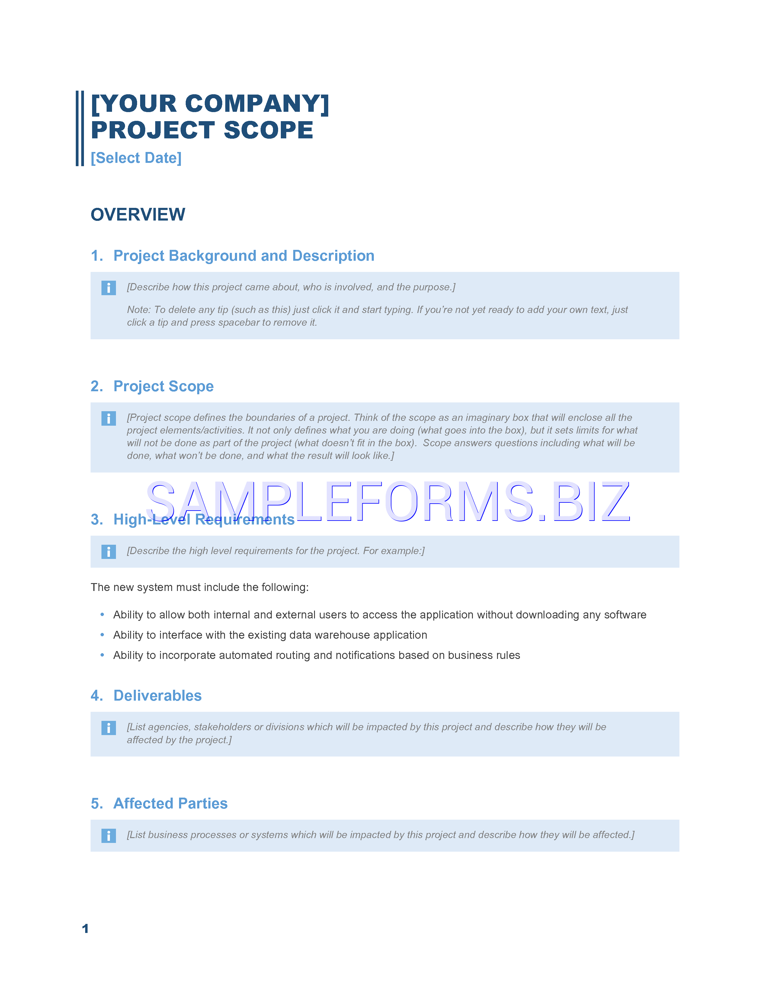 Preview free downloadable Project Scope Report Template in PDF (page 1)