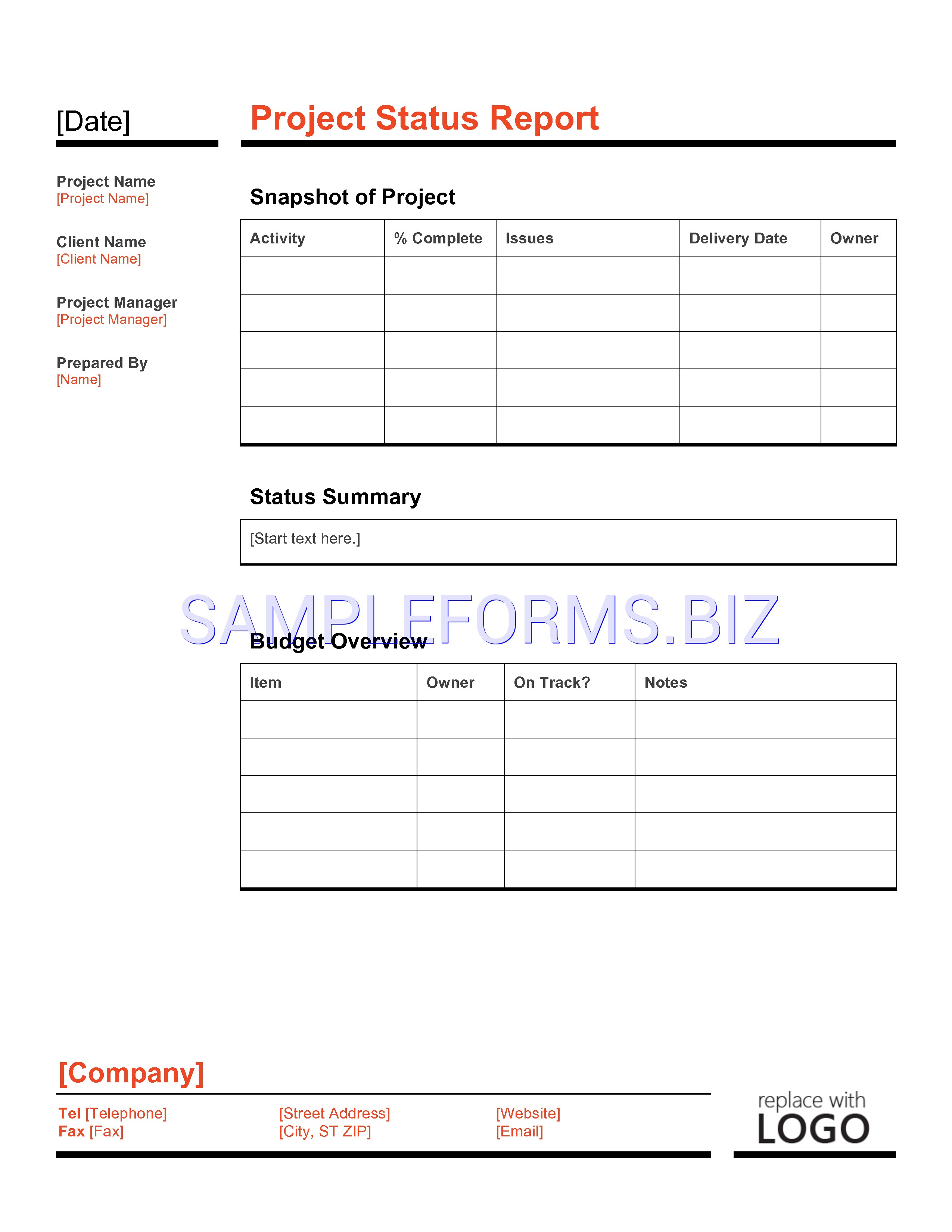 Preview free downloadable Project status report Template in PDF (page 1)